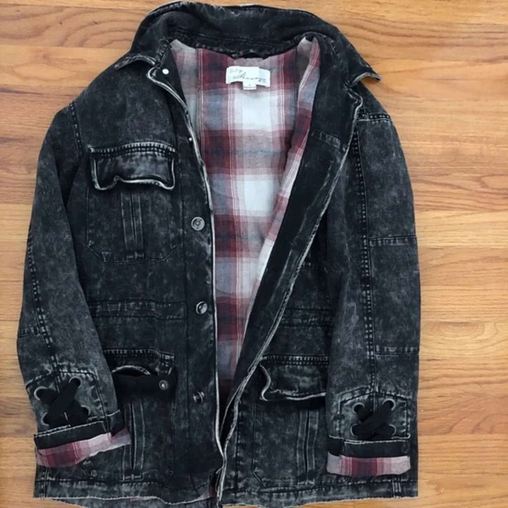 Vintage Havana Acid Wash Denim Jacket Small Black Flannel Lined Lace Up